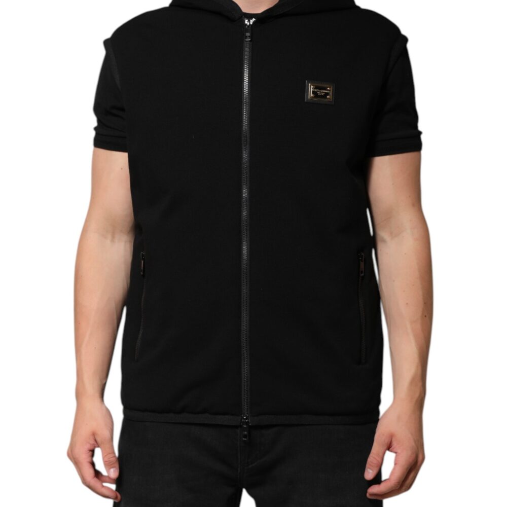 Black Sleeveless Hooded Logo Plaque Jacket