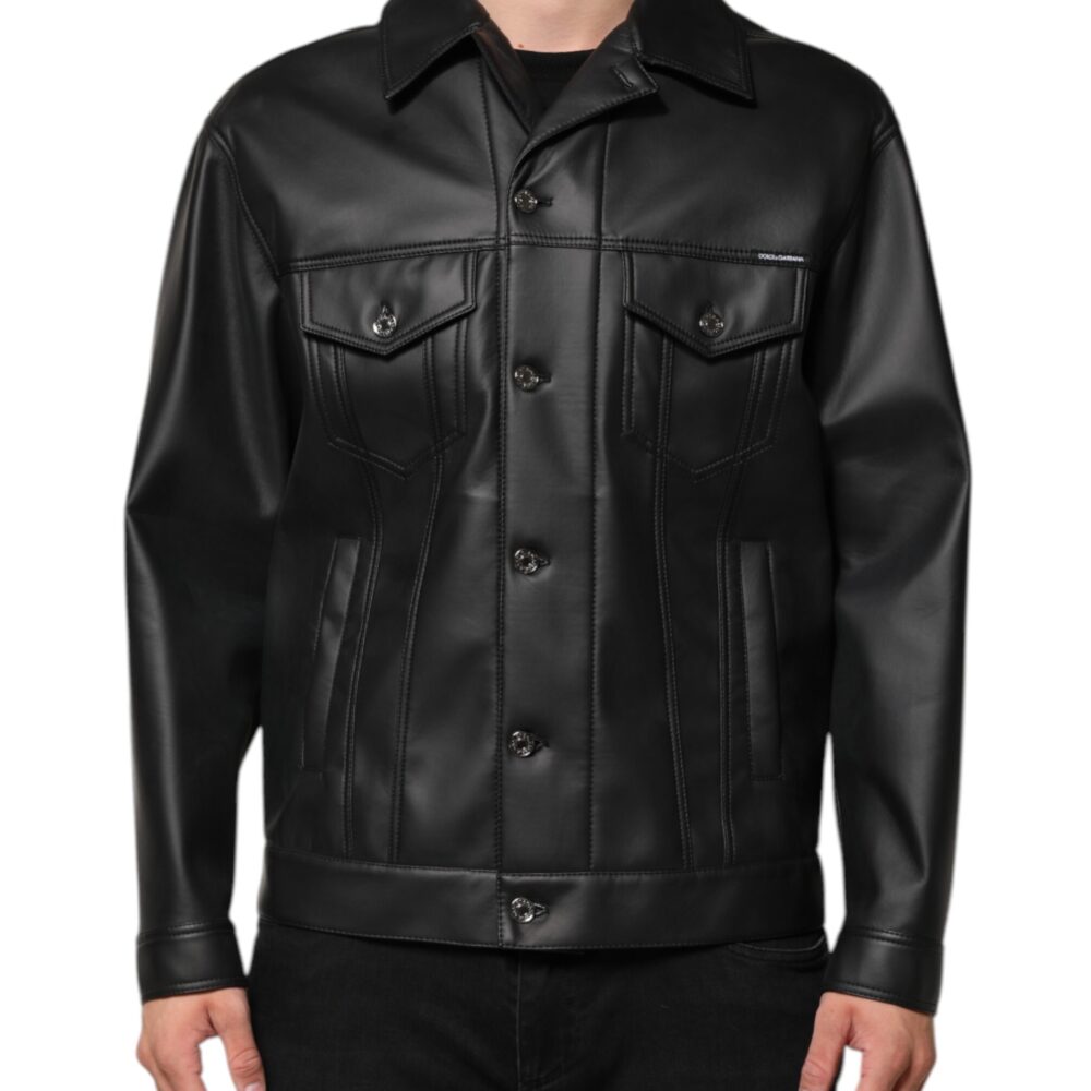 Black Polyester Button Down Biker Jacket