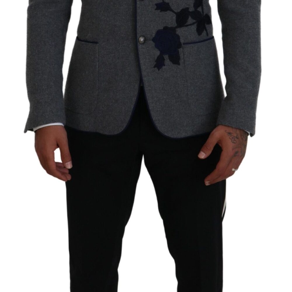 Gray Wool Roses Slim Fit Jacket Blazer