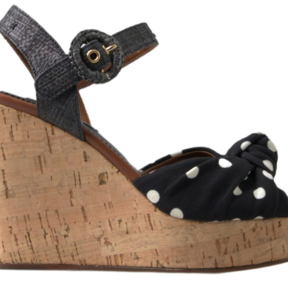 Black  Wedges Polka Dotted Ankle Strap Shoes Sandals