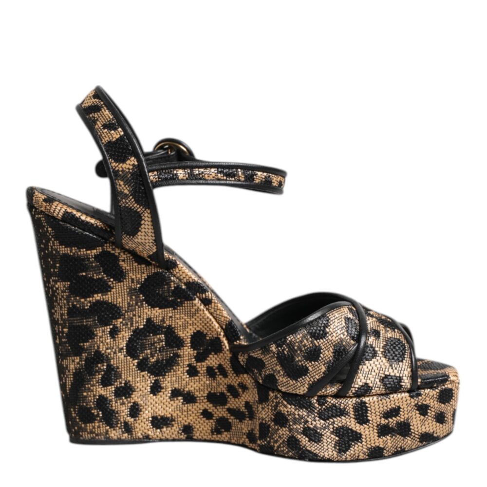 Brown Leopard Wedges Ankle Strap Sandals Shoes
