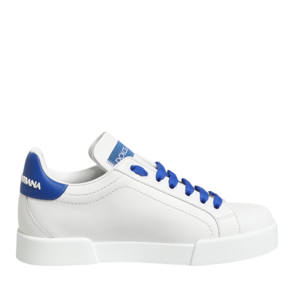 White Blue Leather Low Top Sneakers Shoes