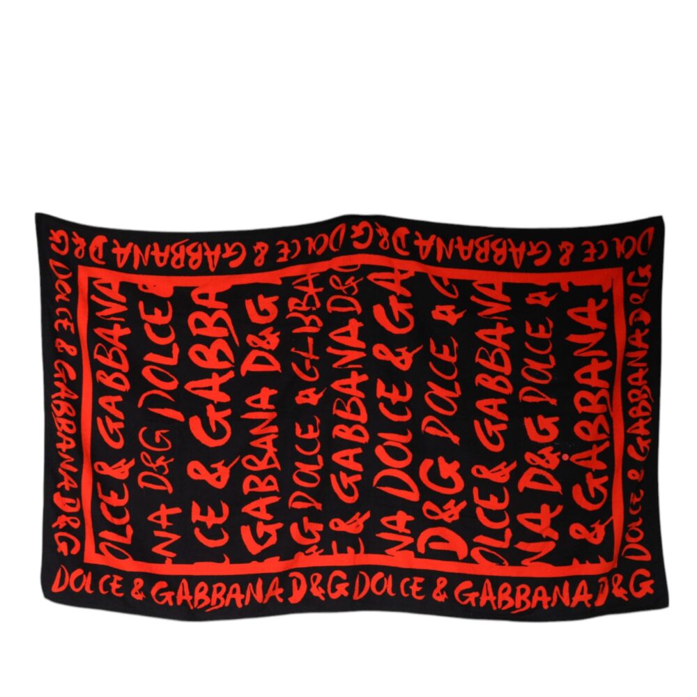 Black Red Logo Print Cotton Beach Towel