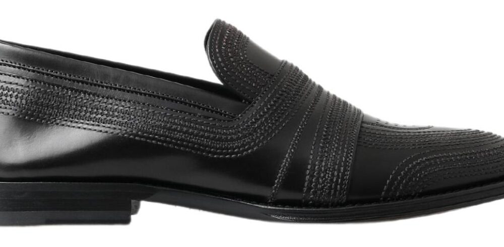 Black Leather Slipper Loafers Stitched Shoes