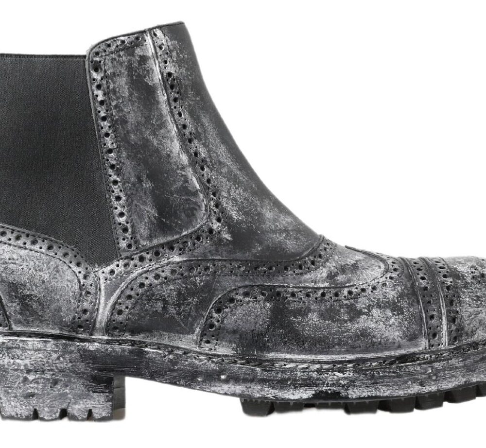 Black Gray Leather Ankle Boots