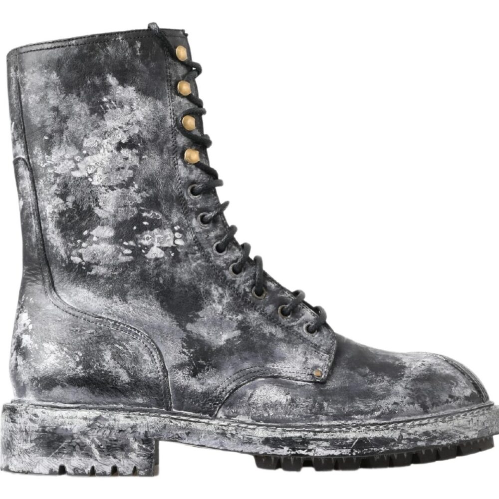 Black Gray Leather Mid Calf Boots Shoes