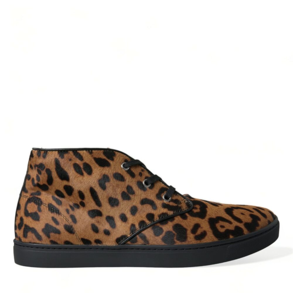 Brown Leopard Pony Hair Leather Sneakers Shoes