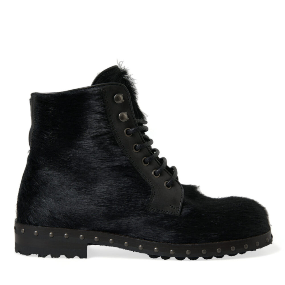 Black Pony Style Leather Mid Calf Boots Shoes