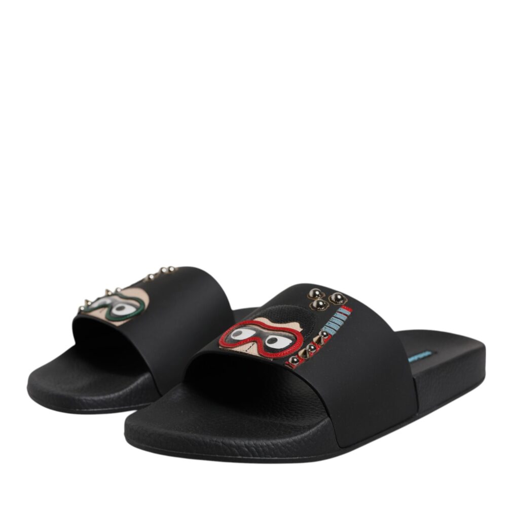 Black Divers Leather Flats Slides Sandals Beachwear Shoes