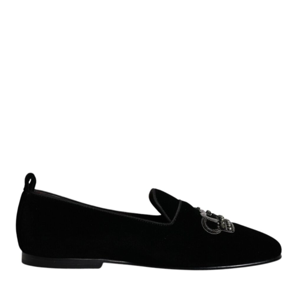 Black Velvet Crystal Crown Loafers Formal Dress Shoes