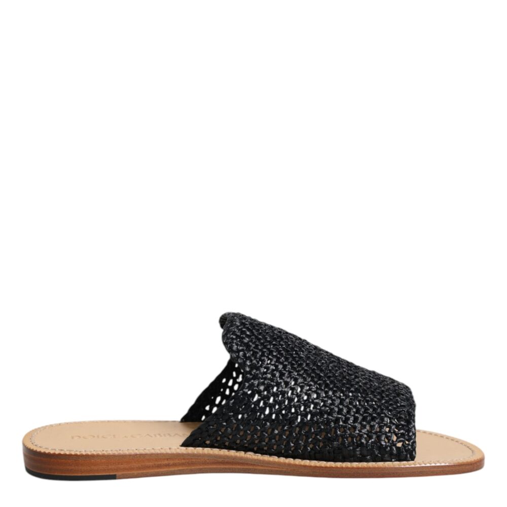 Black Monochrome Braided Raffia Slides Shoes