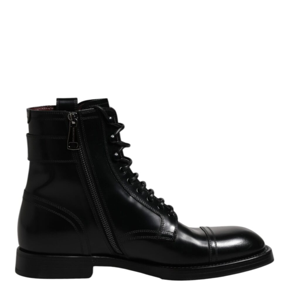 Black Leather Mid Calf Boots Lace Up Shoes