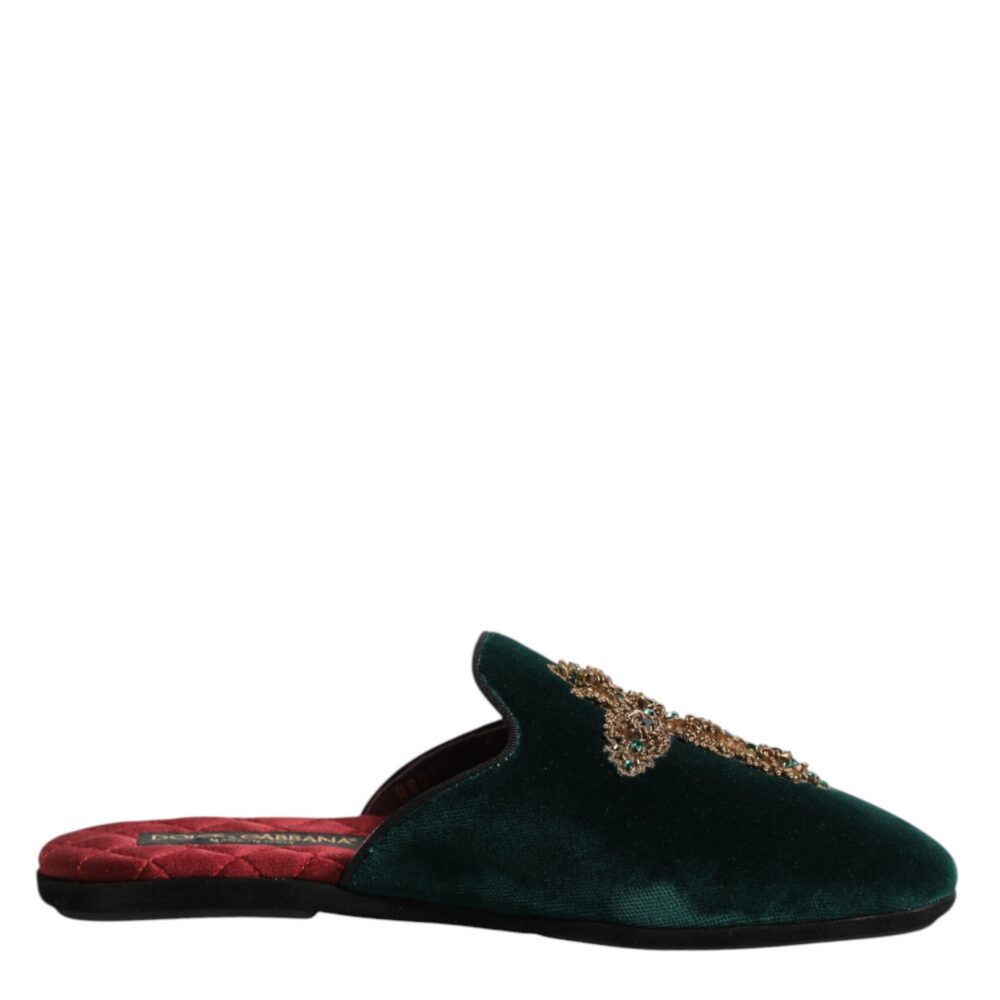 Green Velvet Cross Embellished Slippers Shoes