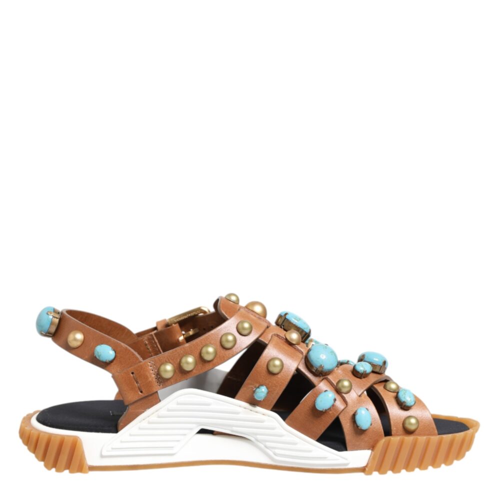 Brown Leather Studded Slides Sandals Shoes