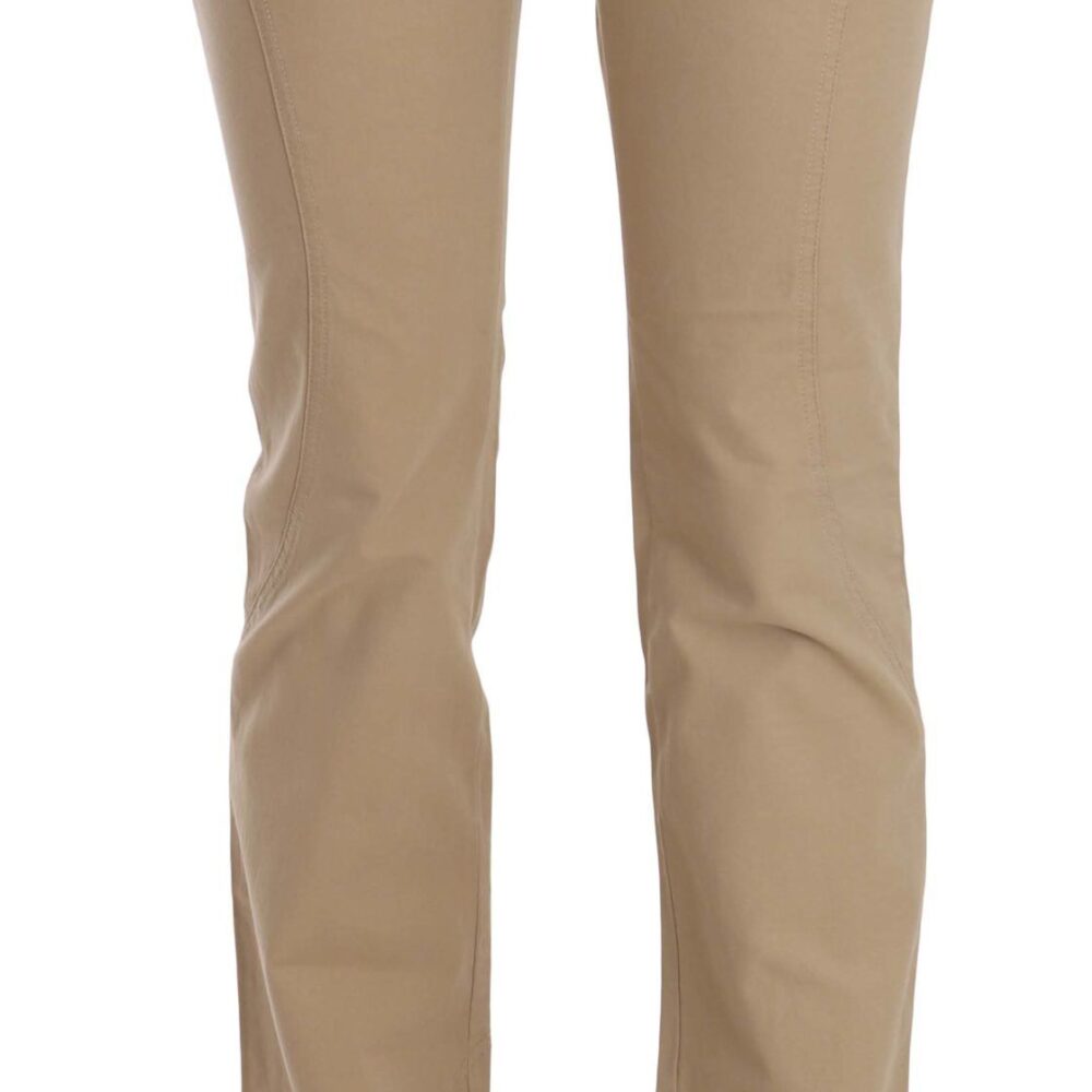 Beige Cotton Mid Waist Straight Trousers Pants