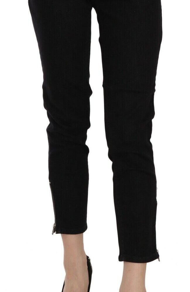 Black Mid Waist Cropped Cut Hem Denim Casual Pants