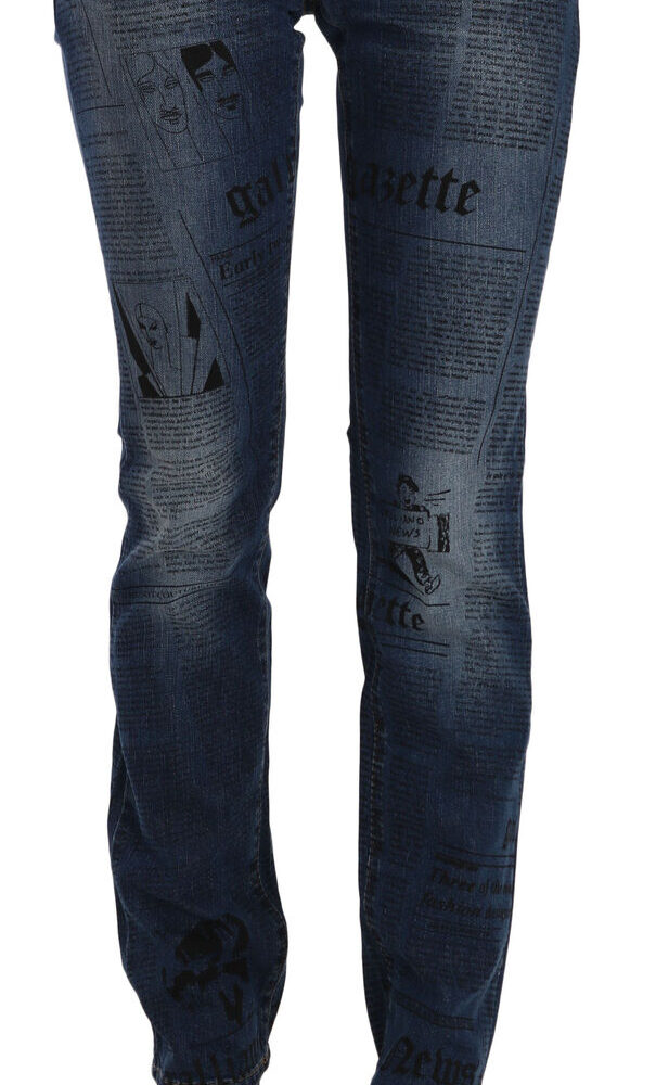 Blue Newspaper Print Low Waist Skinny Denim Pants
