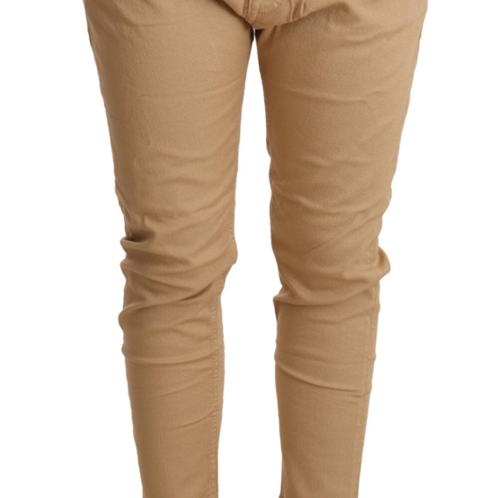 Beige Mid Waist Slim Fit Skinny Stretch Trouser