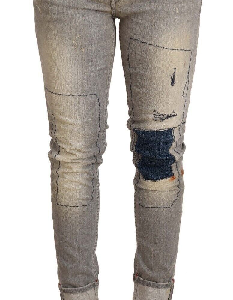 Gray Cotton Slim Fit Folded Hem Women Denim Pant