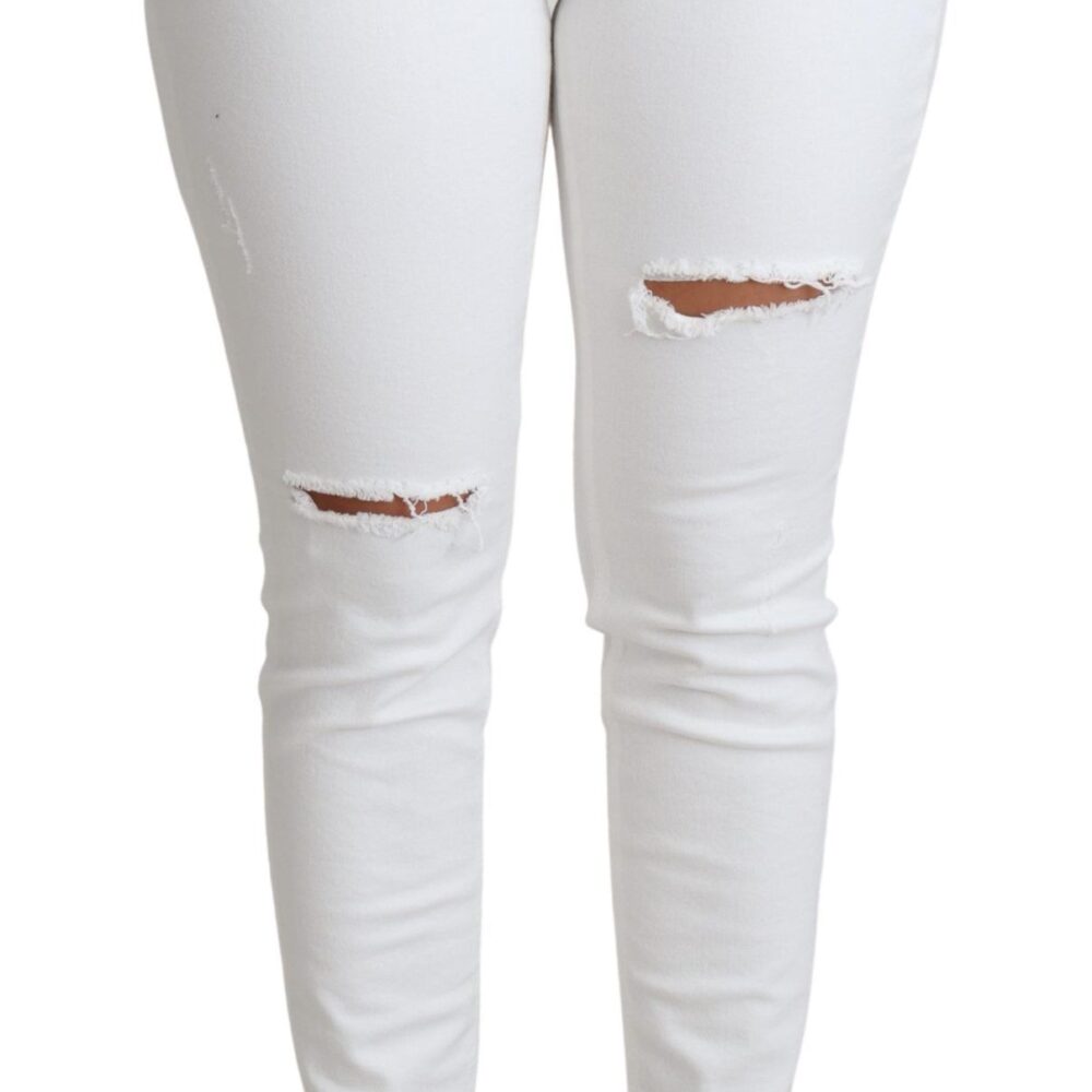White Tattered Skinny Denim Cotton Stretch Jeans