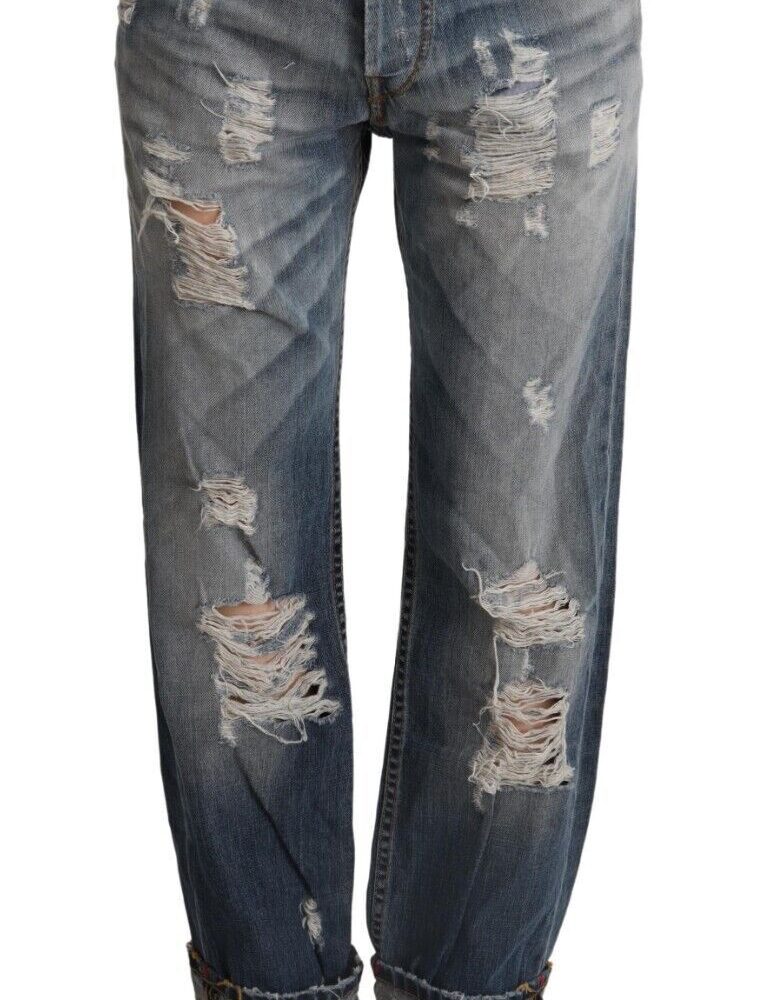 Blue Tattered Mid Waist Straight Denim Cotton Jeans