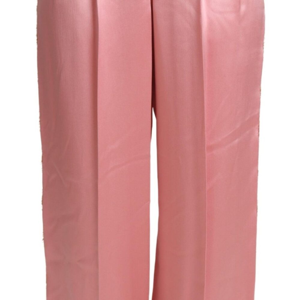 Pink Lace Trimmed Silk Satin Wide Legs Pants