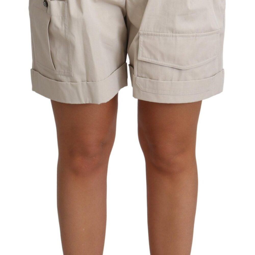 Beige Cotton Pleated High Waist Casual Shorts