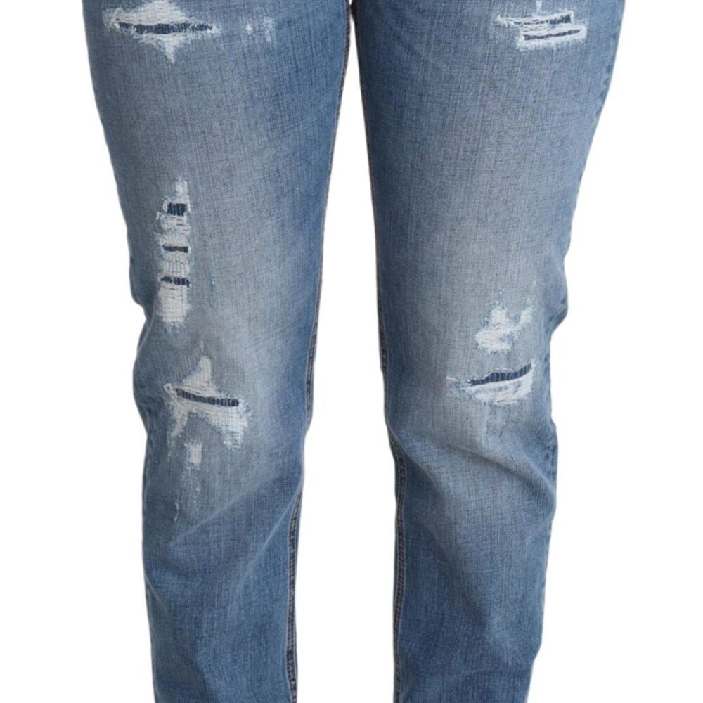 Blue Tattered Skinny Denim Cotton Blend Jeans