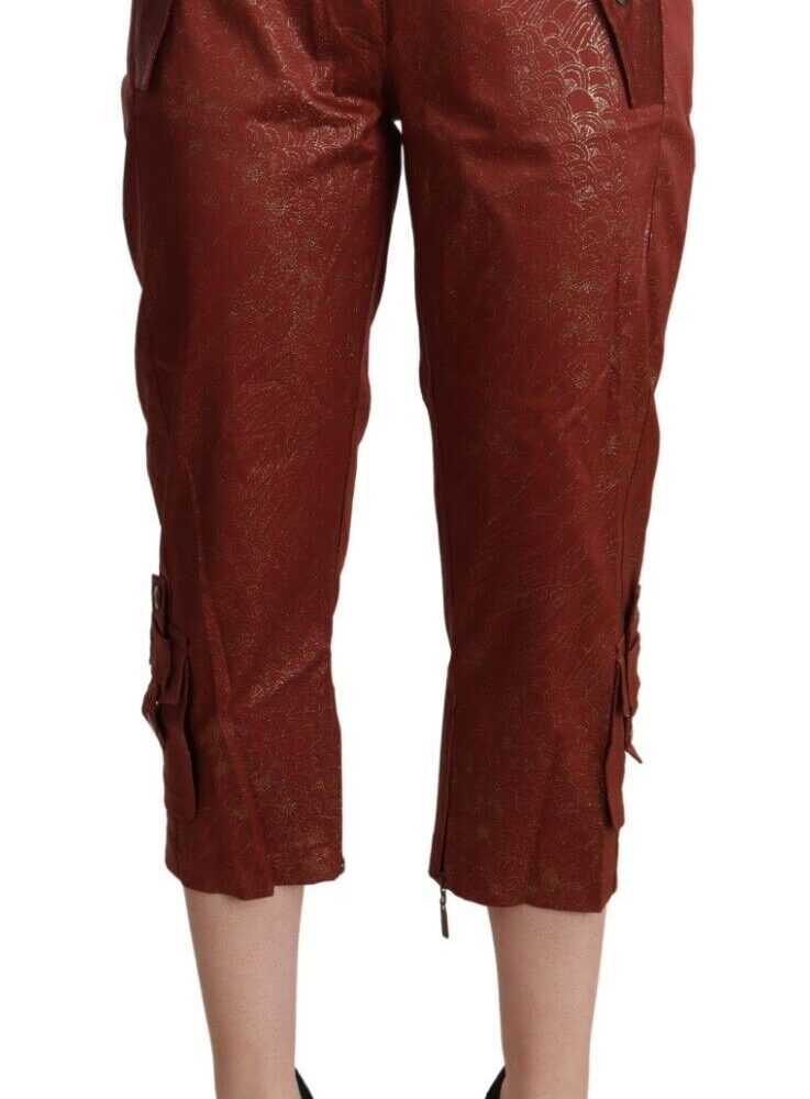 Brown Lurex Mid Waist Cotton Cropped Capri Pants