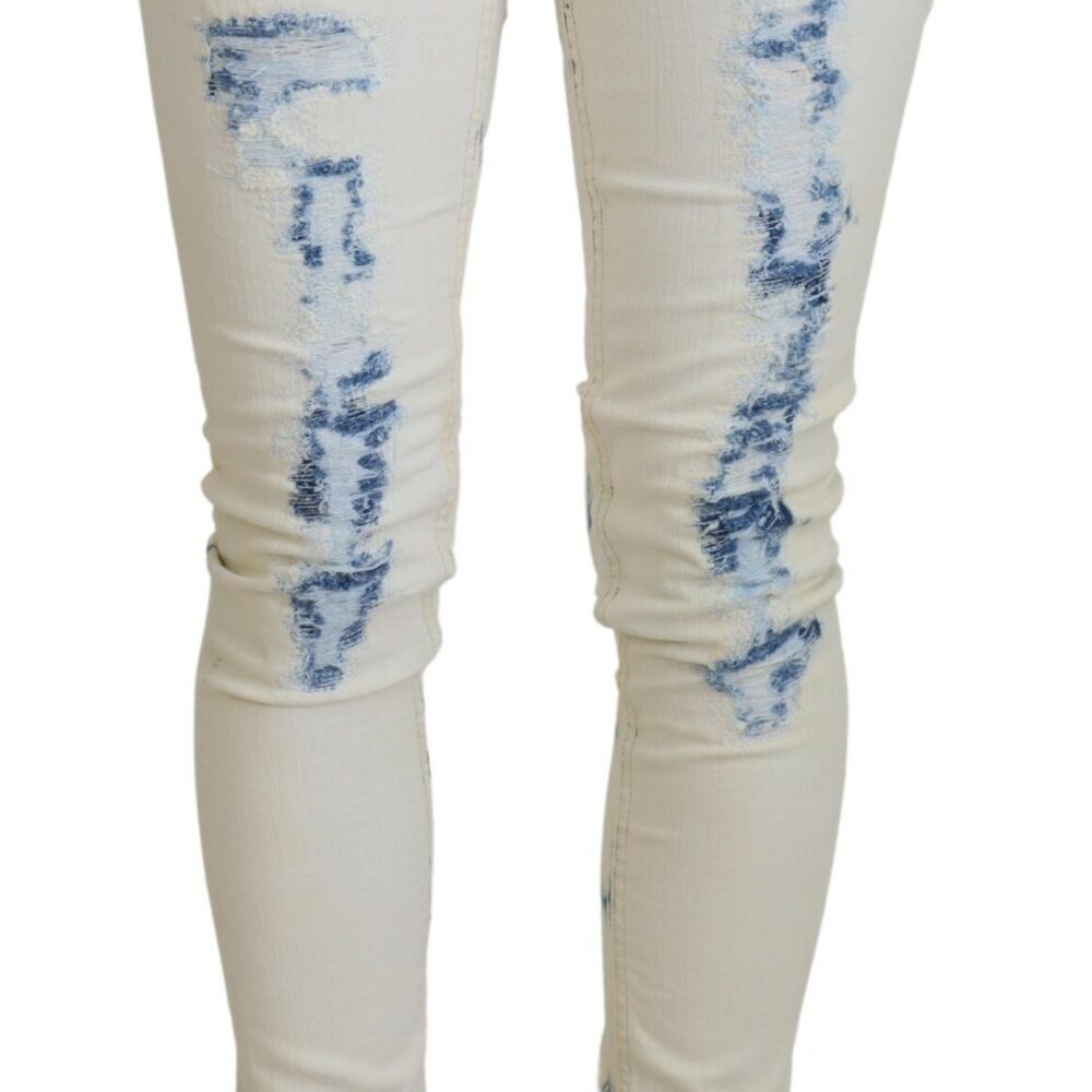 White Blue Cotton Skinny Women Tattered Denim Jeans