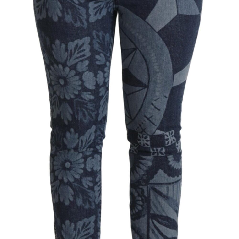 Blue Floral High Waist Skinny Denim Jeans