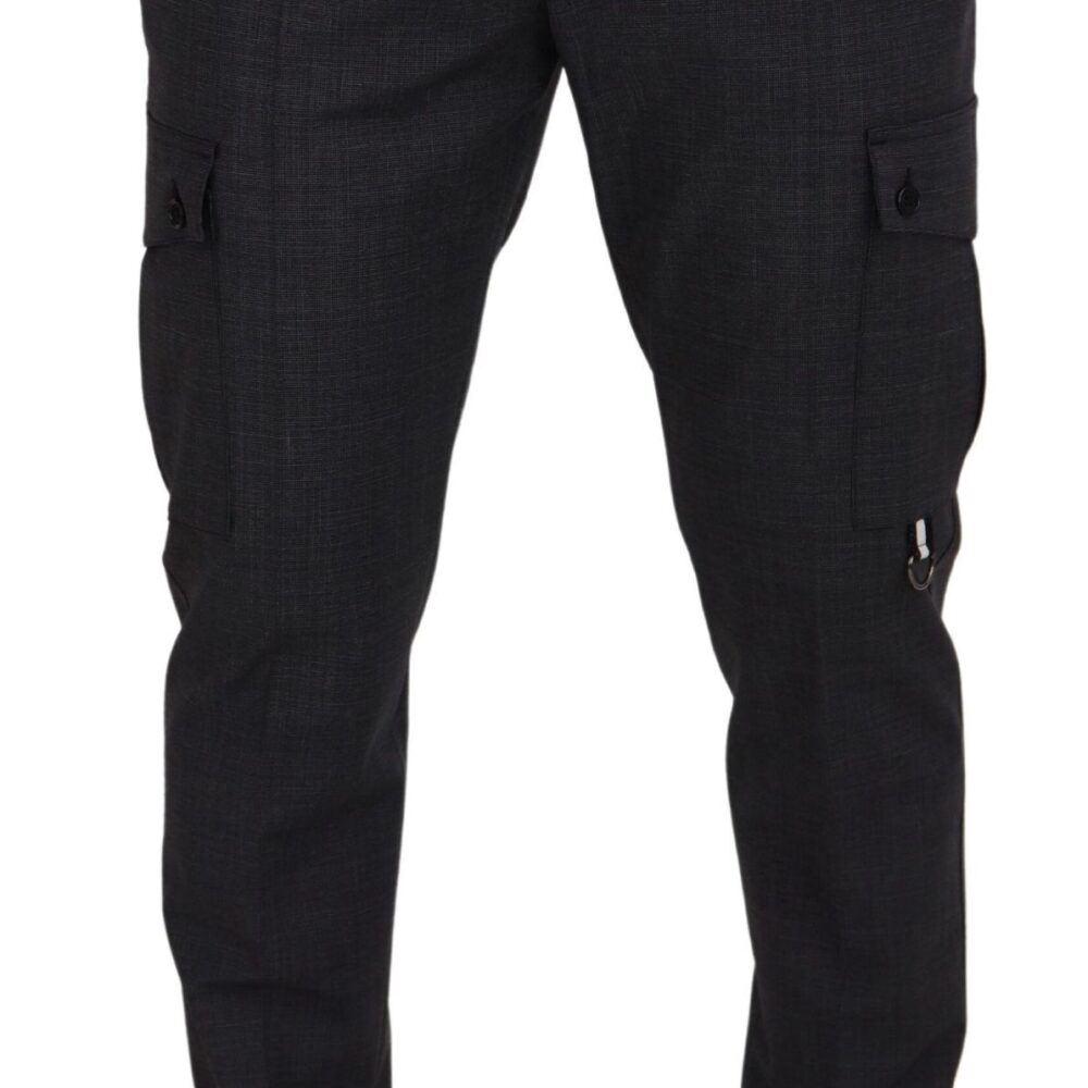 Gray Checked Cargo Trousers Stretch Pants