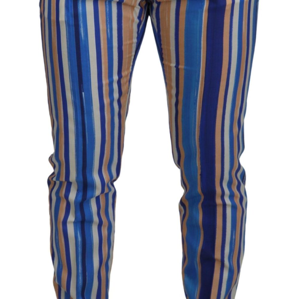 Blue Striped Silk Cotton Slim Trousers Pants