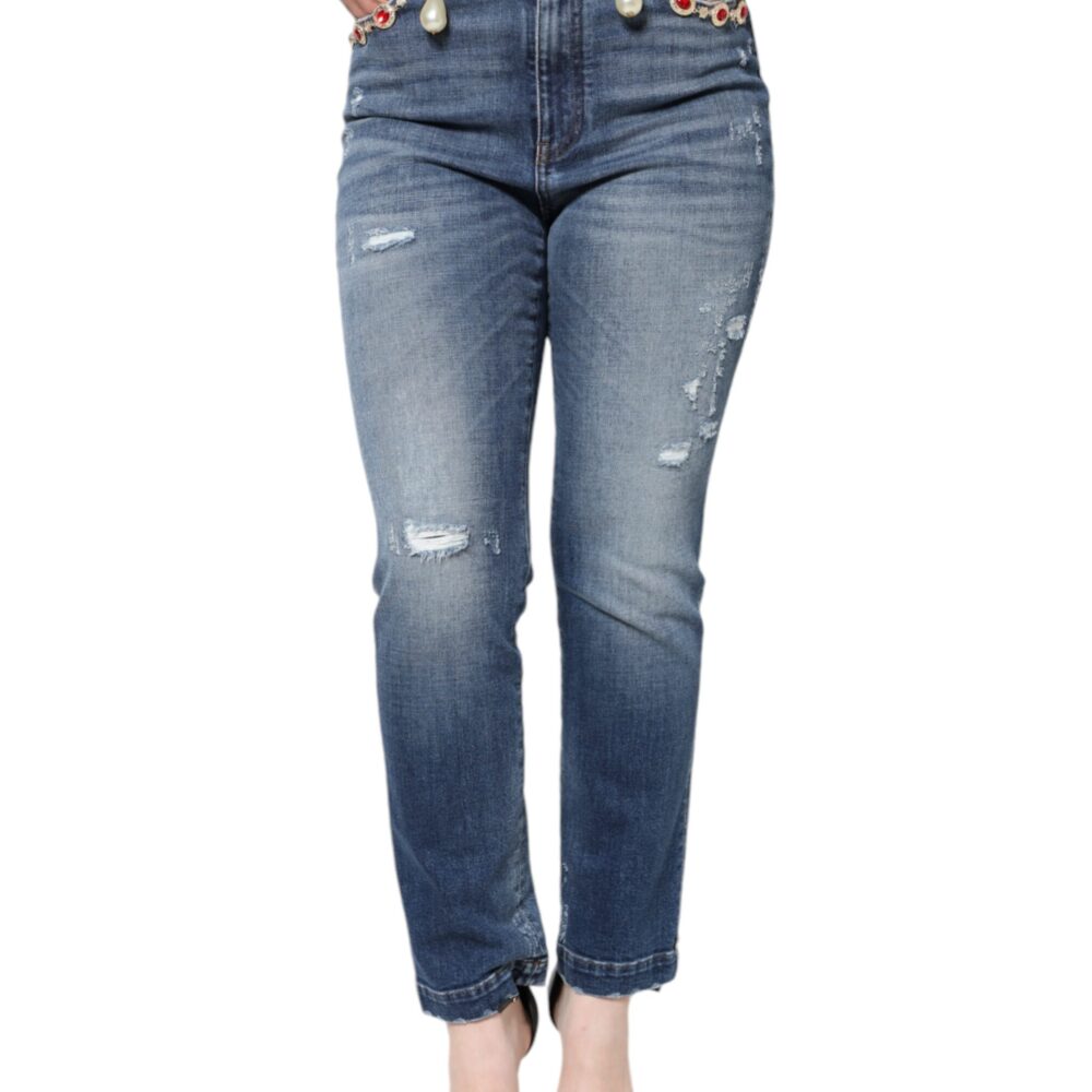 Dark Blue Cotton Tattered Skinny Denim Jeans