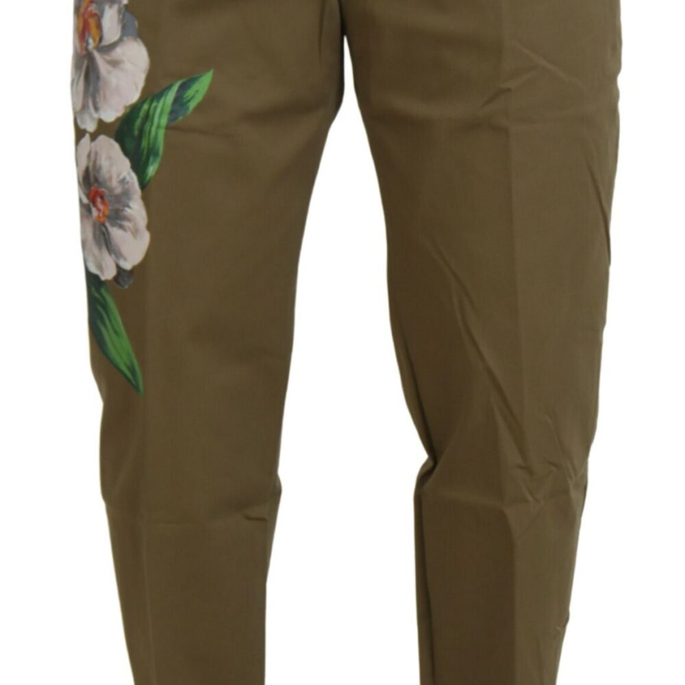 Beige Cotton Stretch Floral Chinos Pants