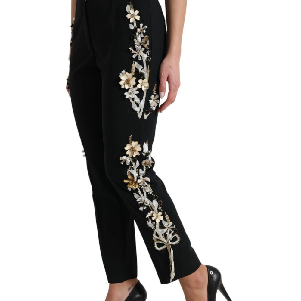 Black Floral Applique High Waist Tapered Pants