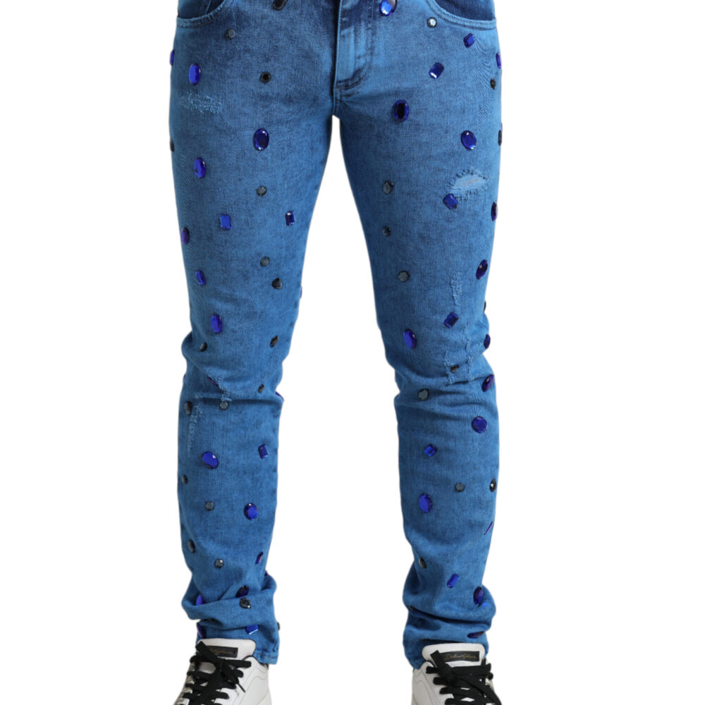 Blue Crystal Embellished Skinny Denim Jeans
