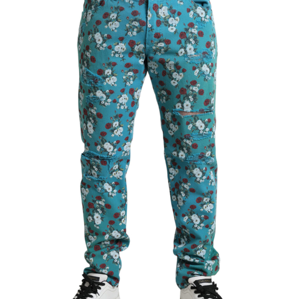 Blue Floral Print Skinny Cotton Denim Pants