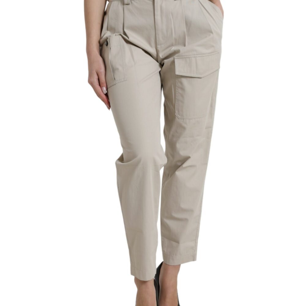 Beige Cotton High Waist Tapered Pants