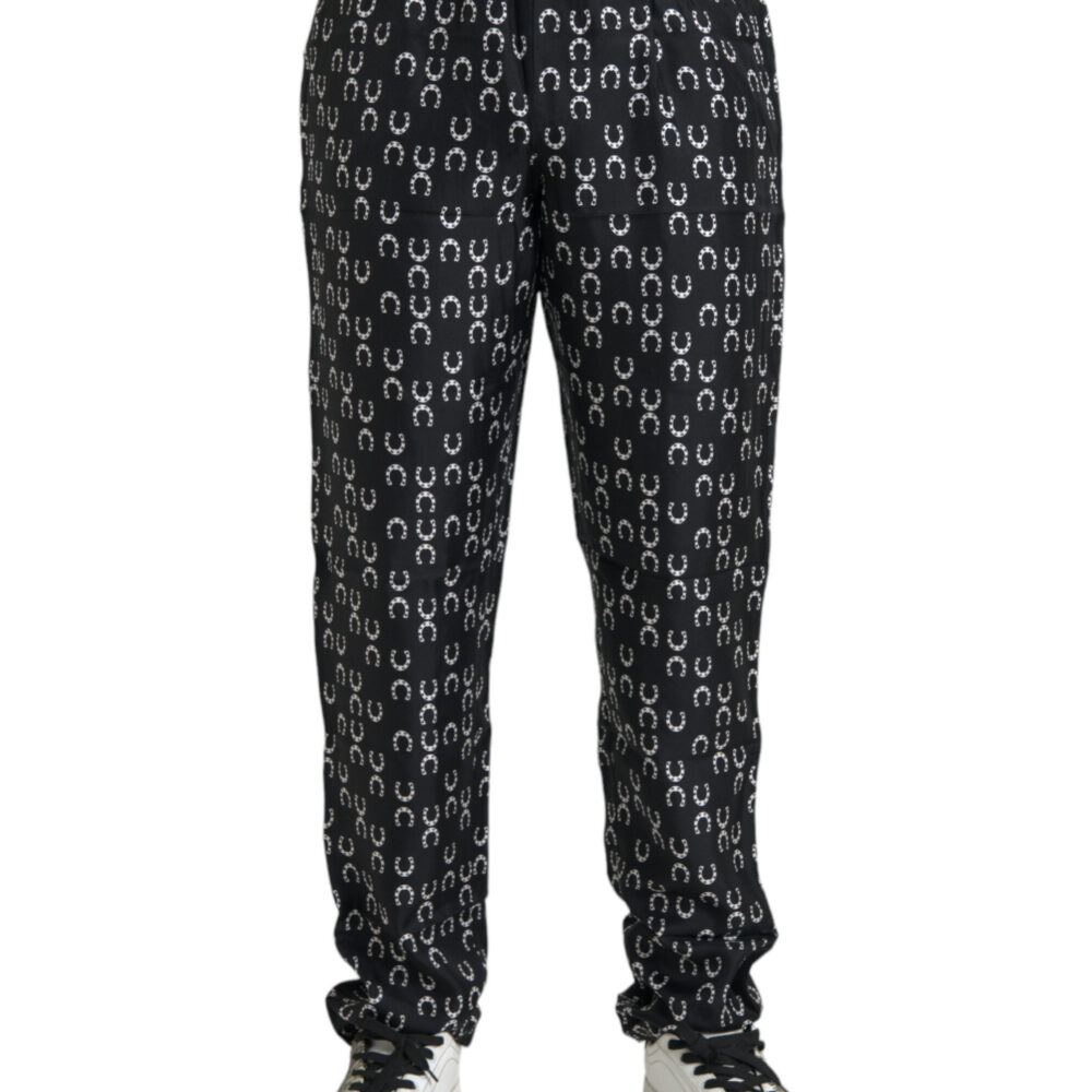 Black Horseshoe Print Silk Pants