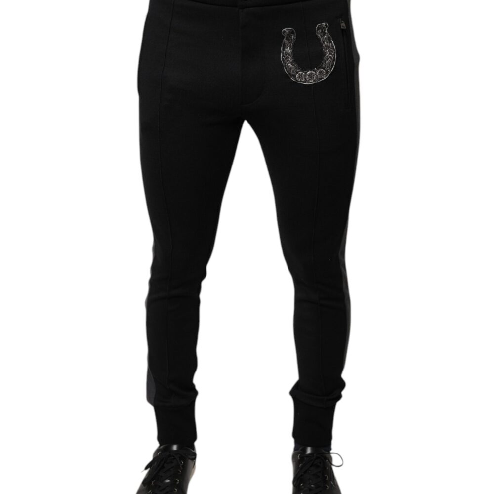 Black Horseshoe Embellished Wool Slim Fit Pants
