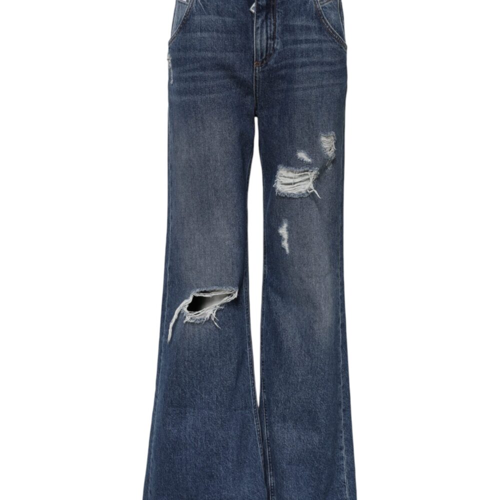 Blue Cotton Wide Leg Tattered Denim Jeans