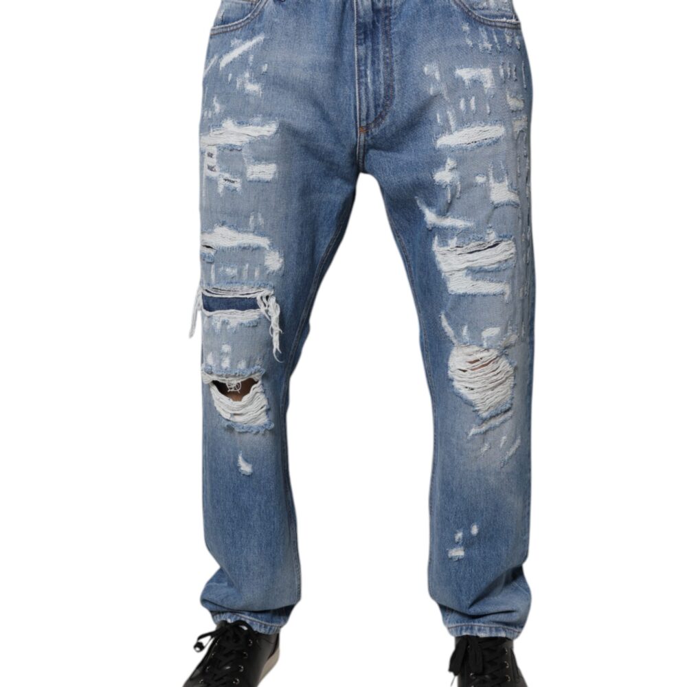 Blue Tattered Straight Cotton Denim Jeans