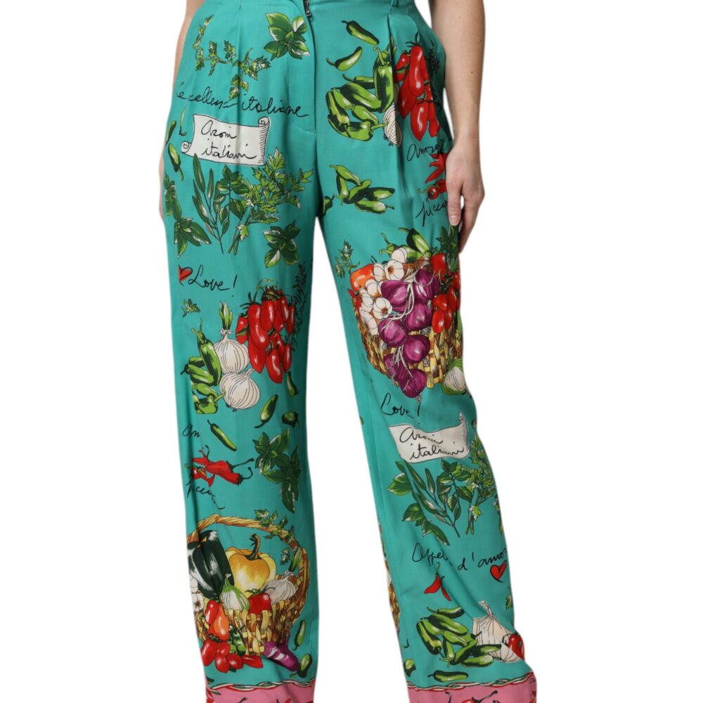 Green Silk Printed Straight Pants
