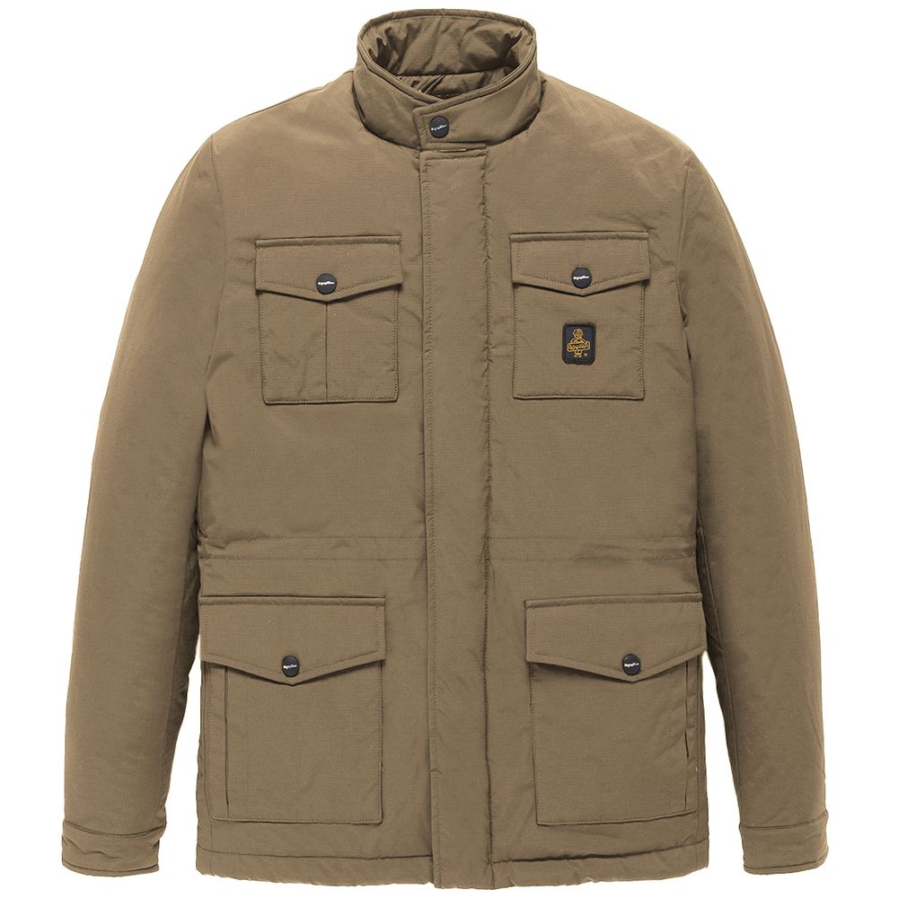 Brown Nylon Men Jacket with Four Pockets