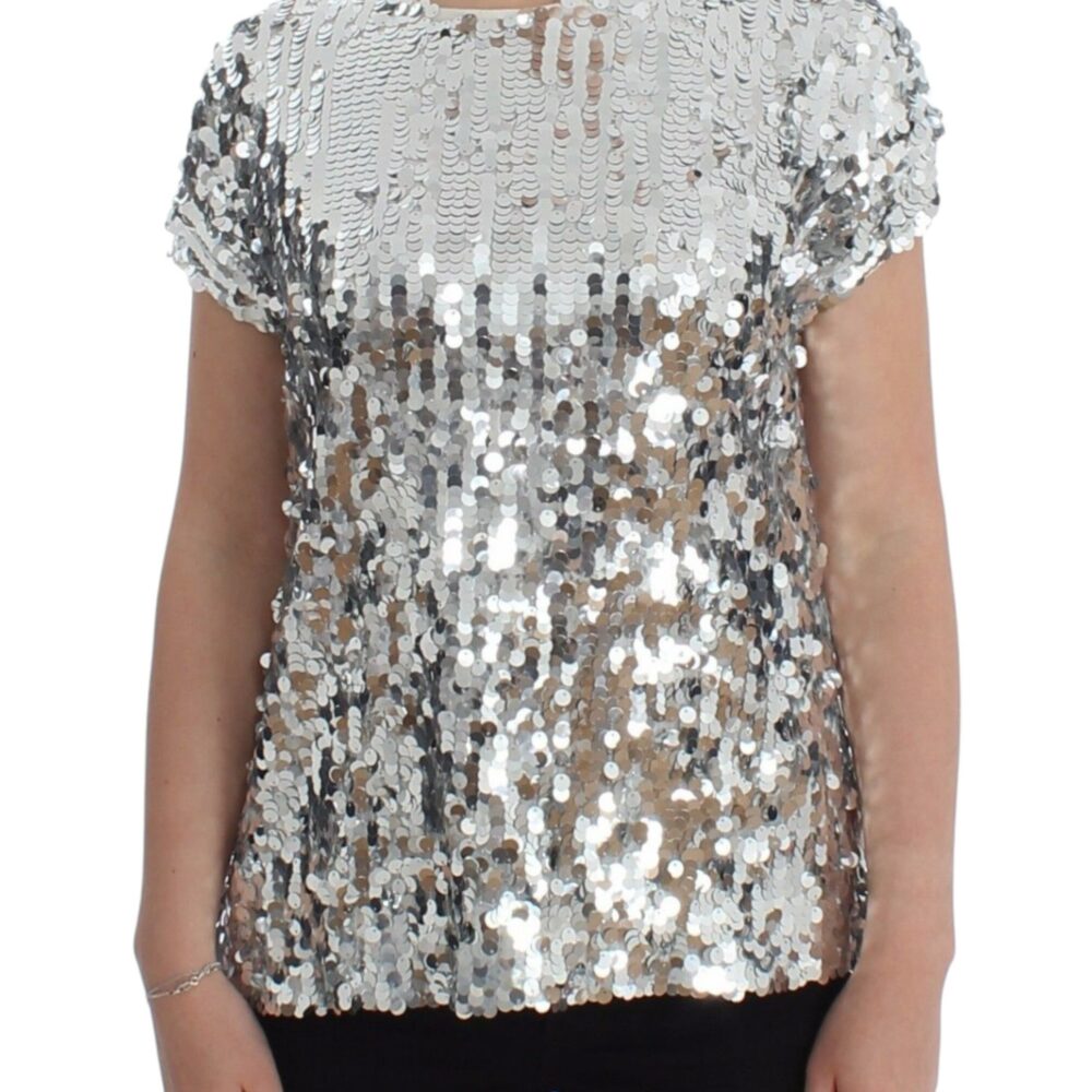 Silver Sequined Crewneck Blouse T-shirt Top