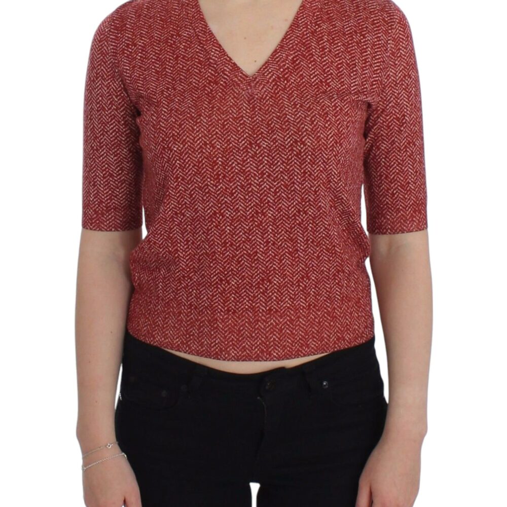 Red Wool Tweed Short Sleeve Sweater Pullover