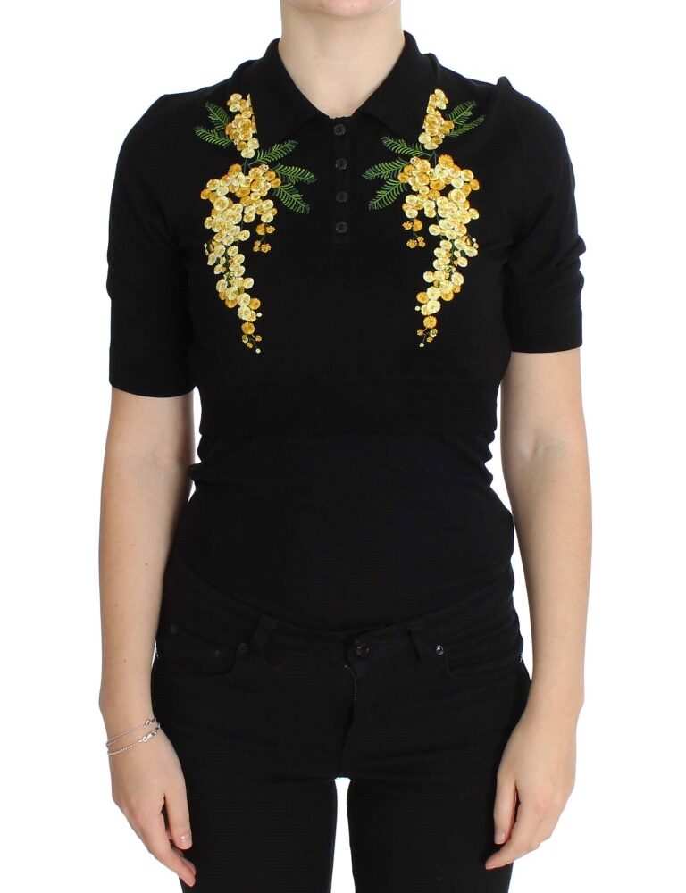 Black Silk Floral Embroidered Polo Top