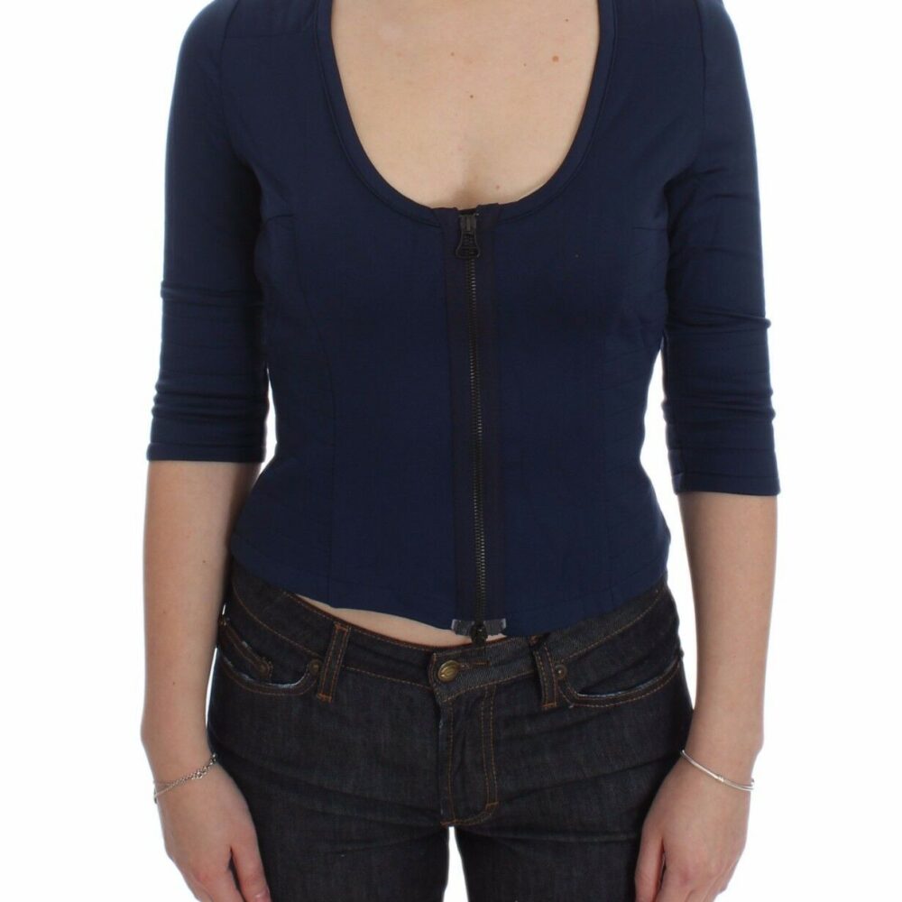 Blue Cotton Top Zipper Deep Crew-neck Sweater