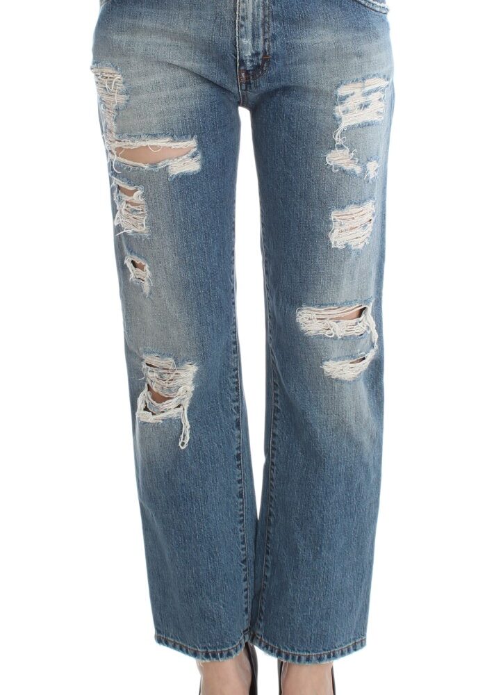 Blue Wash Cotton Boyfriend Fit Cropped Jeans